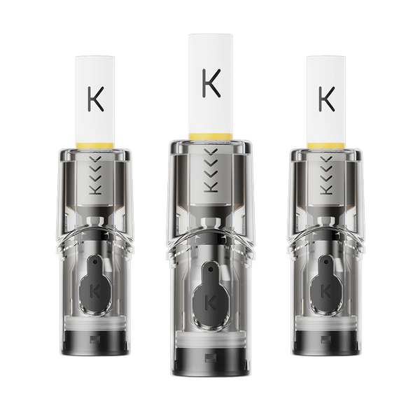 3 Kiwi Spark Pods 1,2 Ohm nebeneinander mit eingestecktem Baumwollfilter, Widerstand 1,2 Ohm.