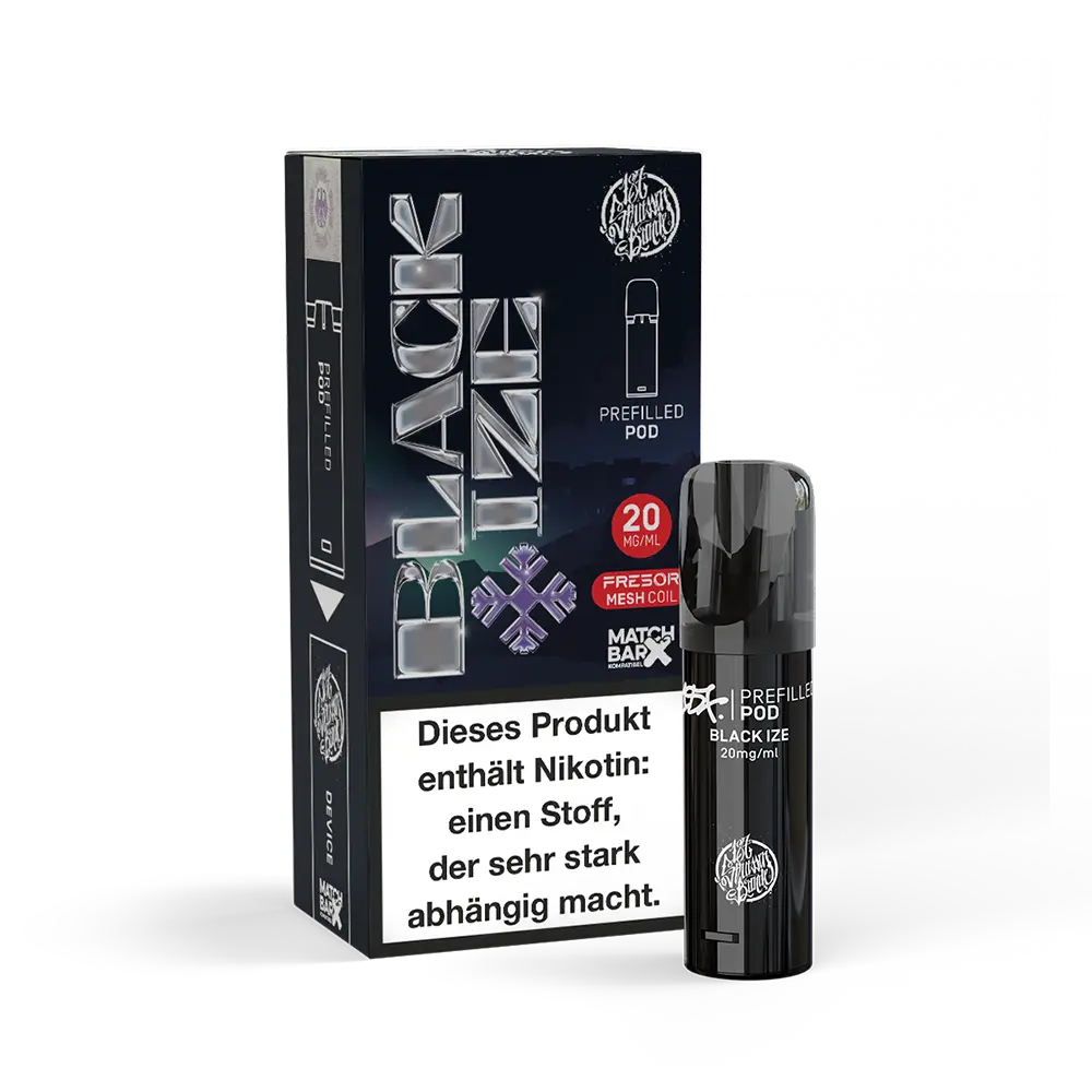 Verpackung und Pod der E-Shisha "Black Ize" von 187 Strassenbande, 20mg Nikotinsalz, mit Warnhinweis: "Dieses Produkt enthält Nikotin: einen Stoff, der sehr stark abhängig macht."