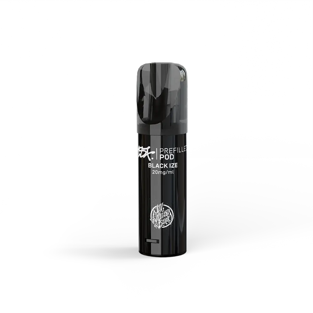 Schwarzer E-Shisha Pod der Marke 187 Strassenbande mit der Aufschrift "BLACK IZE" und "20mg/ml", auf einem schwarzen Hintergrund, zylindrische Form mit glänzender Oberfläche und weißem Logo.