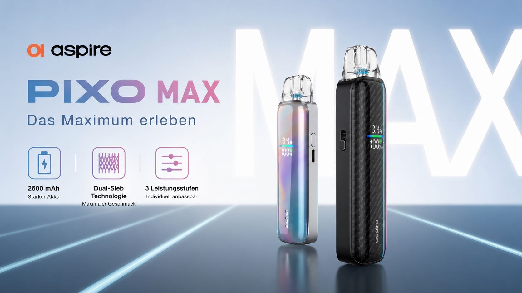 Aspire Pixo Max – 2.600 mAh Akku, Dual-Sieb-Technologie, 3 Leistungsstufen