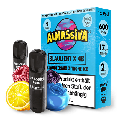 Almassiva Einweg Pod Blaulicht X 4B 17mg Nikotin, Blaubeermix Zitrone Ice Geschmack, 600 Züge Almassiva Einweg Pod Blaulicht X 4B 17mg
