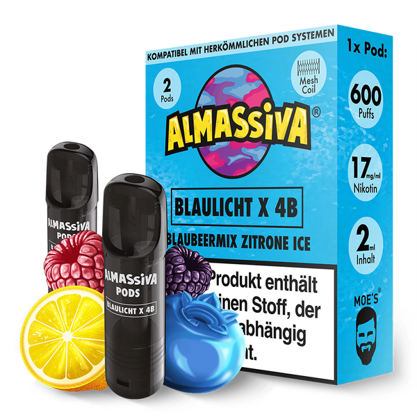 Almassiva Einweg Pod Blaulicht X 4B 17mg Nikotin, Blaubeermix Zitrone Ice Geschmack, 600 Züge Almassiva Einweg Pod Blaulicht X 4B 17mg