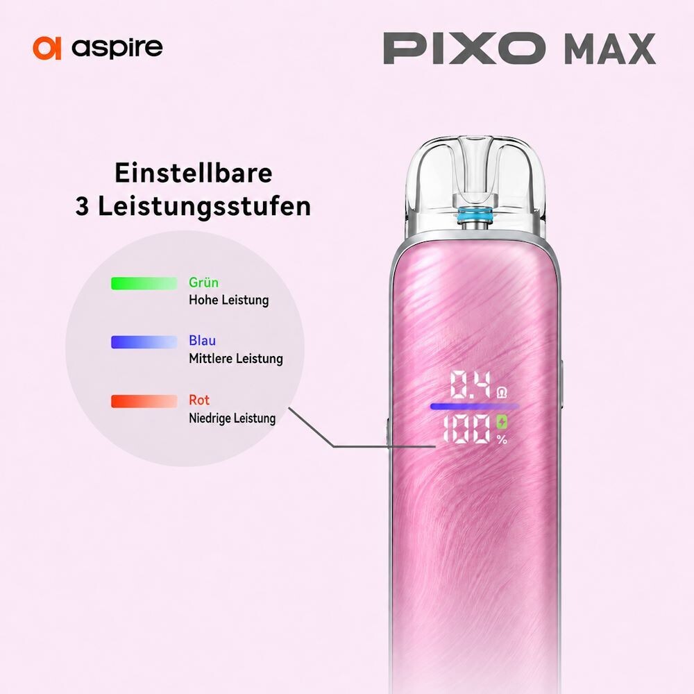 Aspire Pixo Max – 3 Leistungsstufen, farbcodiert grün (niedrig), blau (mittel), rot (hoch)