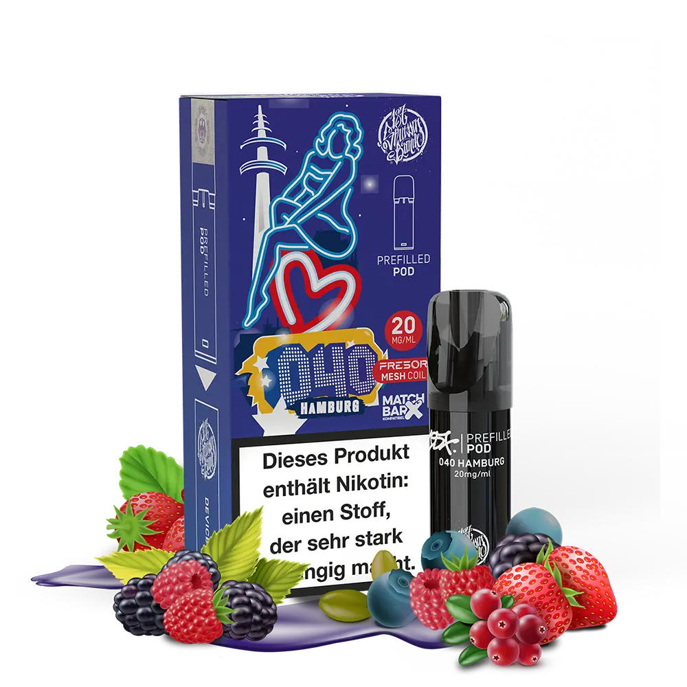 E-Shisha Pod mit 20mg Nikotinsalz von 187 Strassenbande - 040 Hamburg 187 Strassenbande E-Shisha Pod 040 Hamburg 20mg Nikotinsalz. Verpackung zeigt Hamburg-Motiv in Neonfarben. Enthält Beerenabbildungen. Warnhinweis: "Dieses Produkt enthält Nikotin: einen Stoff, der sehr stark abhängig macht."