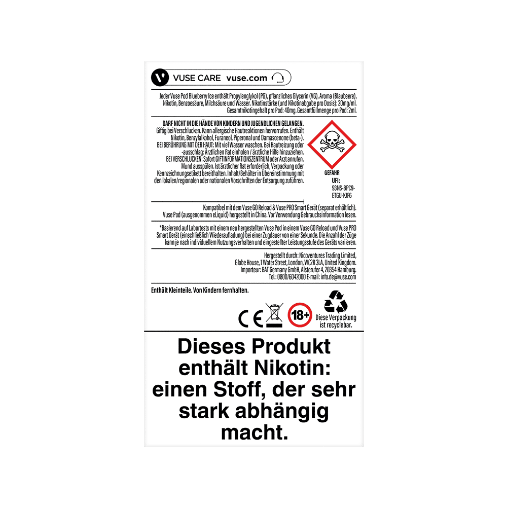 2x Vuse Pod Blueberry Ice 0mg