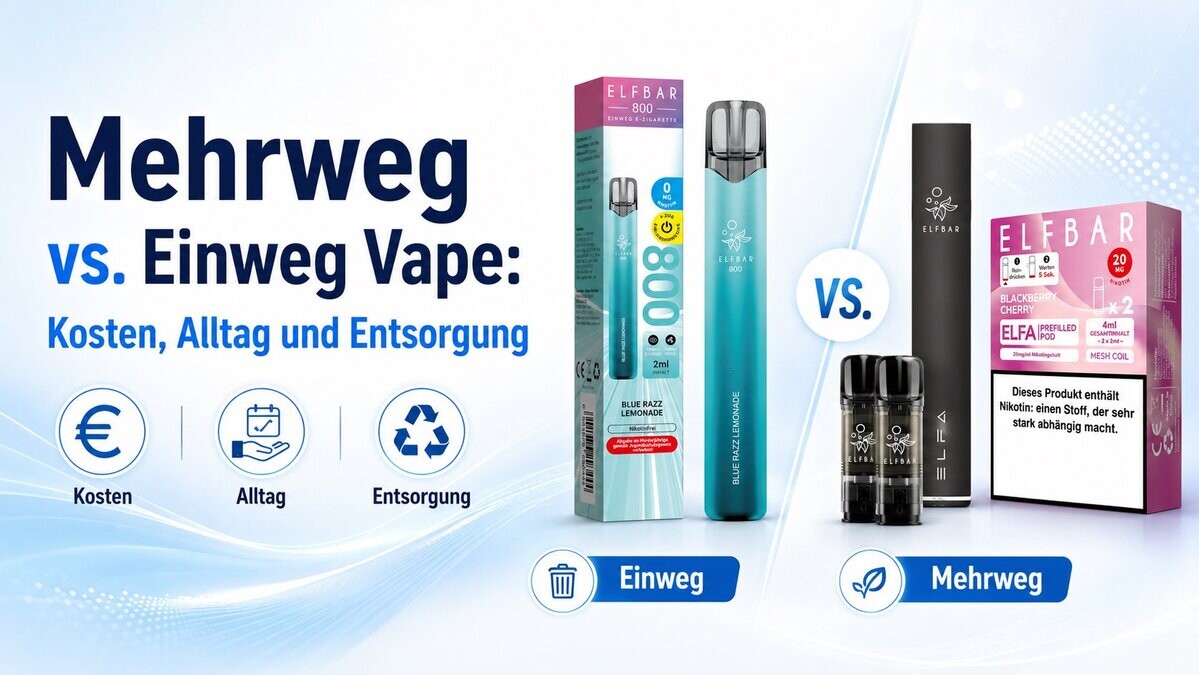 Mehrweg vs. Einweg Vape: Kosten, Alltag und Entsorgung Einweg oder nachfüllbar? Der ehrliche Vergleich zu Folgekosten, Alltag und Entsorgung - und warum Mehrweg-Systeme langfristig oft punkten.
