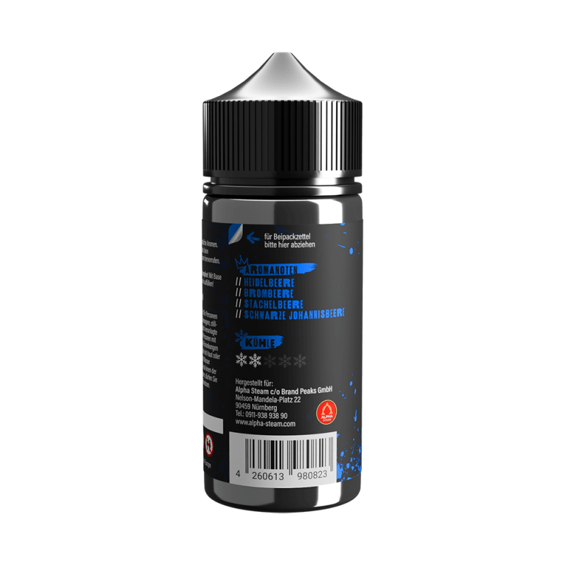 Tony Vapes Aroma Blaues Zeug: Rückseite der 100 ml Flasche mit Aromanoten und Herstellerangaben