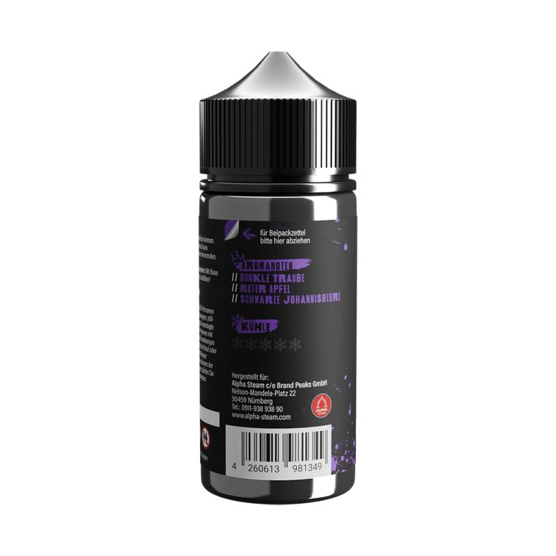 Tony Vapes Aroma Grapetastic: Rückseite der 100 ml Flasche mit Aromanoten und Herstellerangaben