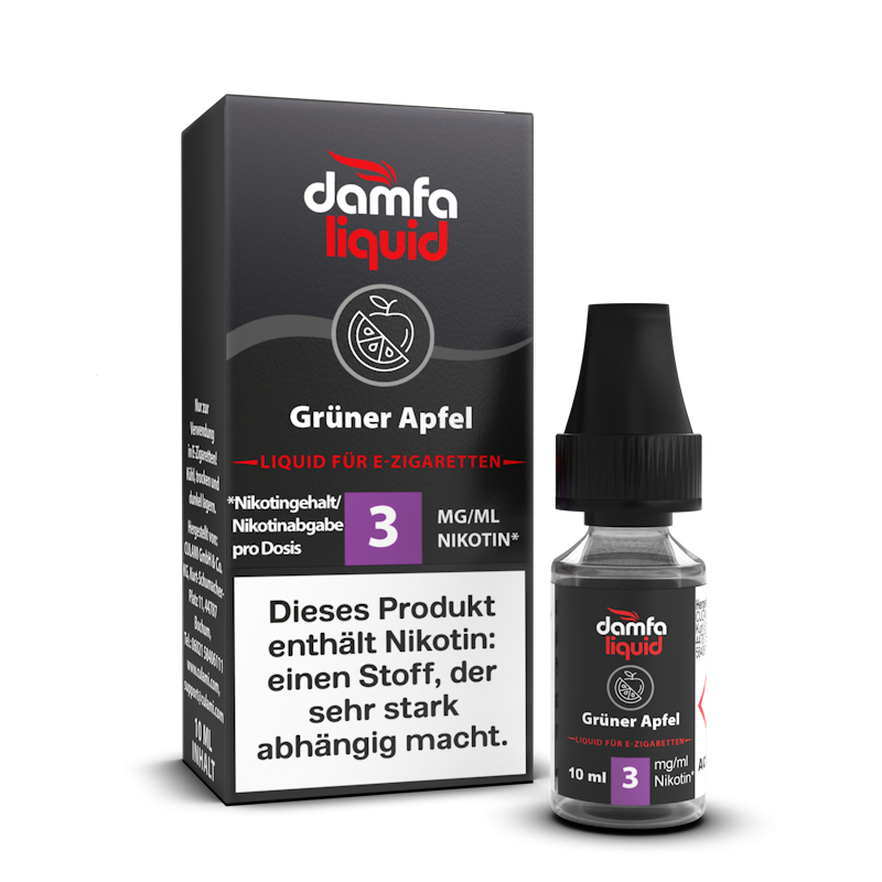 damfaliquid Grüner Apfel V2: 10 ml Liquid für E-Zigaretten, 3 mg/ml Nikotin, Flasche mit Faltschachtel