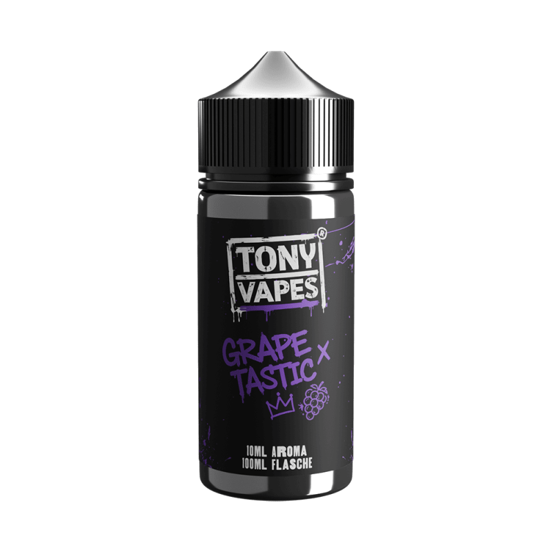 Tony Vapes Aroma Grapetastic: 10 ml Longfill-Aroma in der 100 ml Flasche, Vorderseite mit Etikett