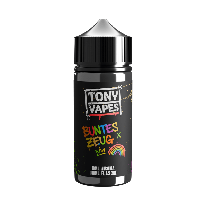 Tony Vapes Aroma Buntes Zeug: 10 ml Longfill-Aroma in der 100 ml Flasche, Vorderseite mit Etikett