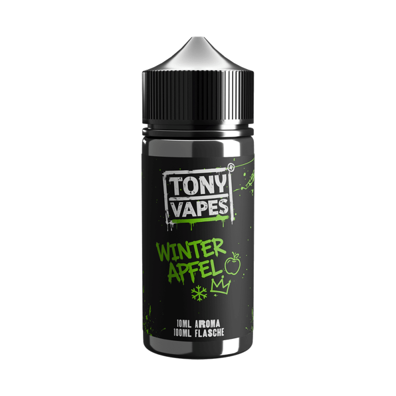 Tony Vapes Aroma Winter Apfel: 10 ml Longfill-Aroma in der 100 ml Flasche, Vorderseite mit Etikett