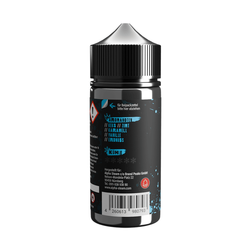 Tony Vapes Aroma Winter Kex: Rückseite der 100 ml Flasche mit Aromanoten und Herstellerangaben