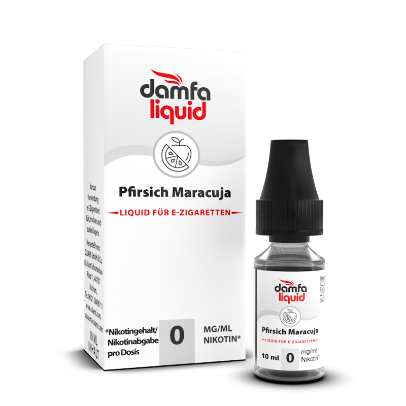 damfaliquid Pfirsich Maracuja: 10 ml Liquid für E-Zigaretten, nikotinfrei, Flasche mit Faltschachtel