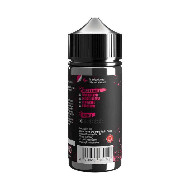 Tony Vapes Aroma Sweet Berries: Rückseite der 100 ml Flasche mit Aromanoten und Herstellerangaben