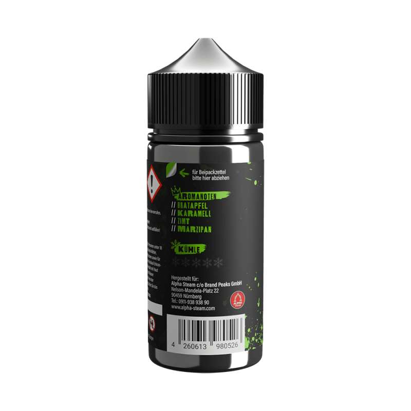 Tony Vapes Aroma Winter Apfel: Rückseite der 100 ml Flasche mit Aromanoten und Herstellerangaben