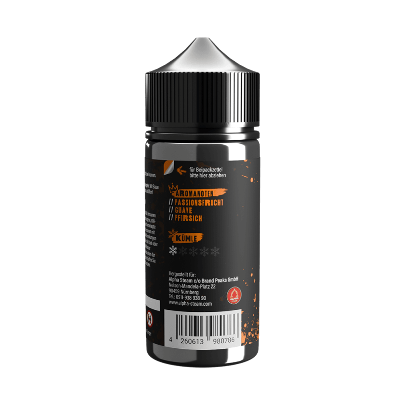 Tony Vapes Aroma Tropen Saft: Rückseite der 100 ml Flasche mit Aromanoten und Herstellerangaben