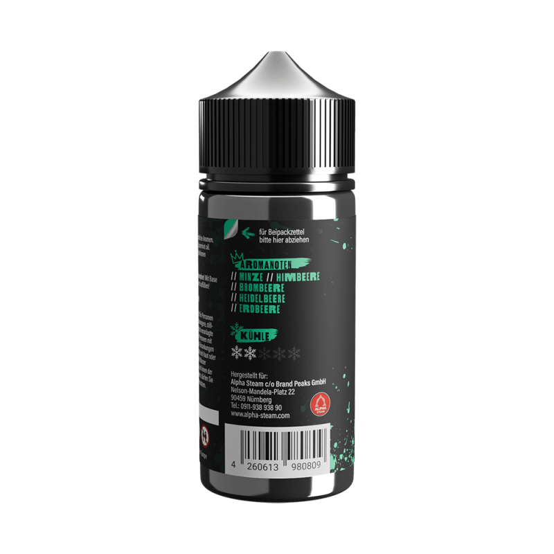 Tony Vapes Aroma Mint Berries: Rückseite der 100 ml Flasche mit Aromanoten und Herstellerangaben