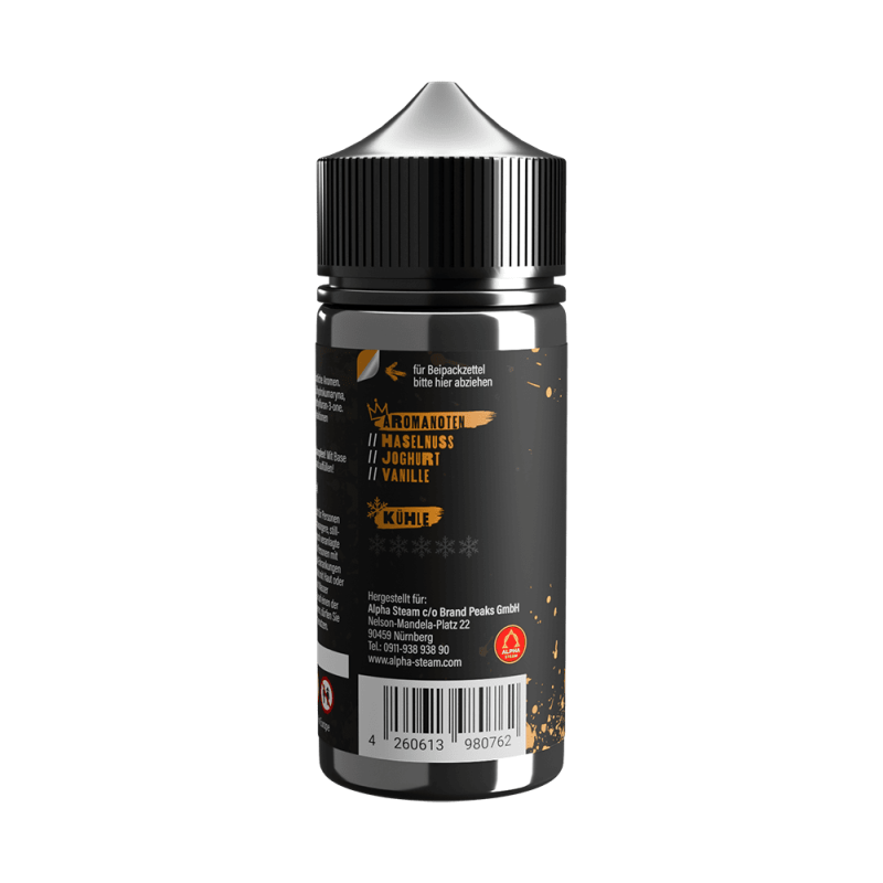 Tony Vapes Aroma Hazelnut Cream: Rückseite der 100 ml Flasche mit Aromanoten und Herstellerangaben