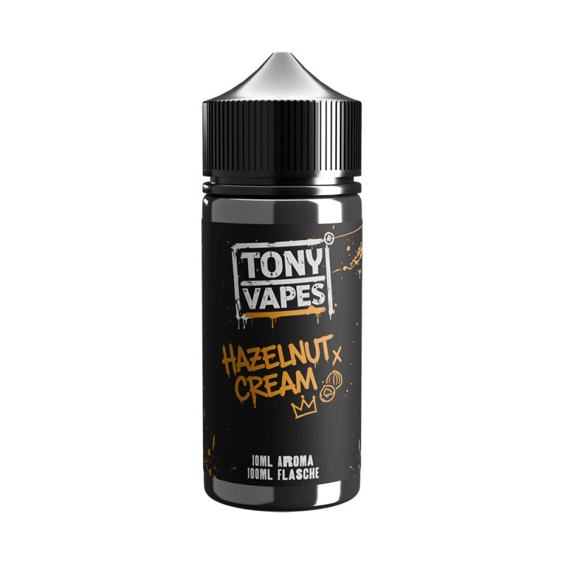 Tony Vapes Aroma Hazelnut Cream: 10 ml Longfill-Aroma in der 100 ml Flasche, Vorderseite mit Etikett