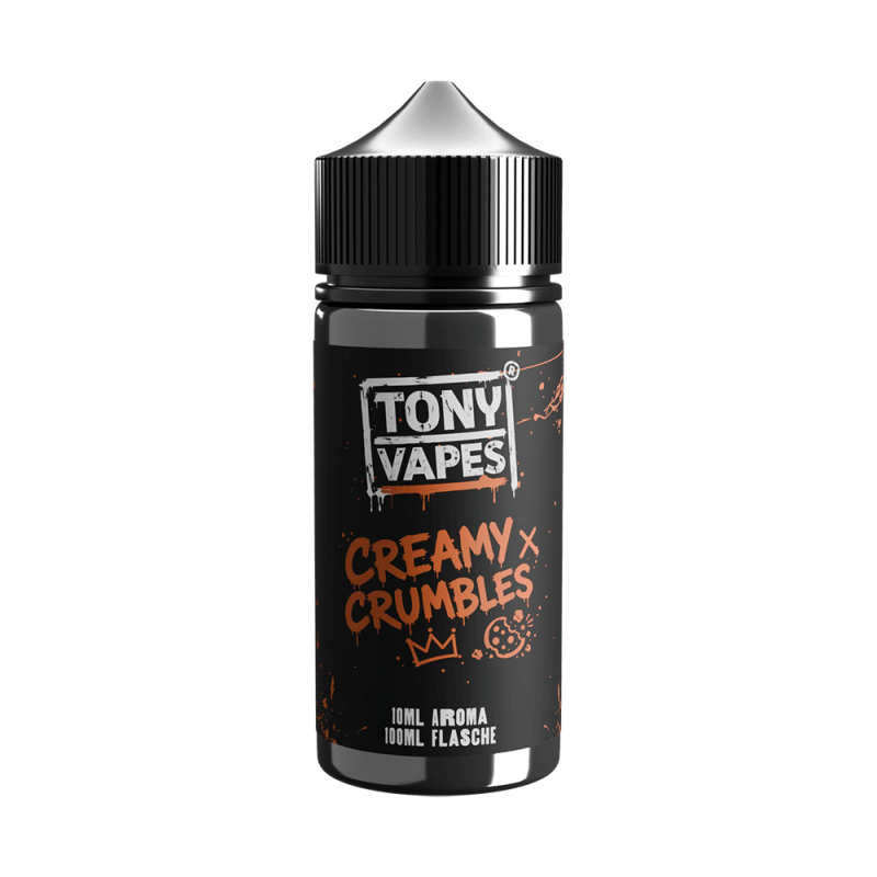 Tony Vapes Aroma Creamy Crumbles: 10 ml Longfill-Aroma in der 100 ml Flasche, Vorderseite mit Etikett