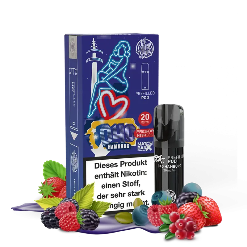 187 Strassenbande E-Shisha Pod 040 Hamburg 20mg Nikotinsalz. Verpackung zeigt Hamburg-Motiv in Neonfarben. Enthält Beerenabbildungen. Warnhinweis: "Dieses Produkt enthält Nikotin: einen Stoff, der sehr stark abhängig macht."