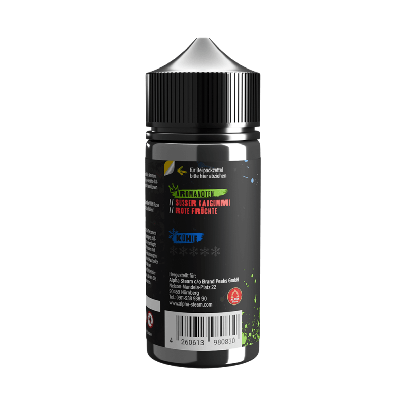 Tony Vapes Aroma Buntes Zeug: Rückseite der 100 ml Flasche mit Aromanoten und Herstellerangaben