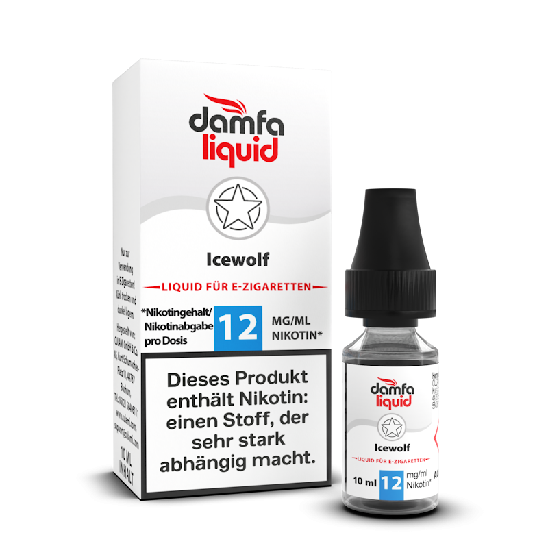 damfaliquid icewolf: 10 ml Liquid für E-Zigaretten, 12 mg/ml Nikotin, Flasche mit Faltschachtel
